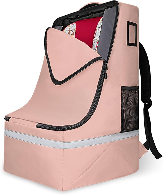 Car Seat Travel Bag for Airplane,Infant Seat Travel Bag with Shoulder Strap,Padded Car Seats Backpack with Reflective Stripes,Large Carseat Carrier Bag Travel Car Seat Cover,Flesh Pink-BubblyBeeBaby