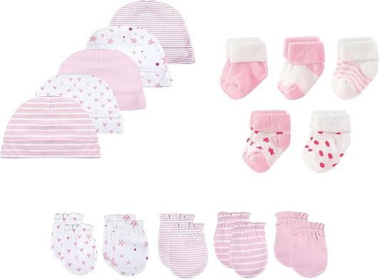 15 Pack Unisex New Born Boy Girls Hats Mittens Socks Sets Cotton Soft Infant Accessory 0-6 Months Baby Essentials-BubblyBeeBaby