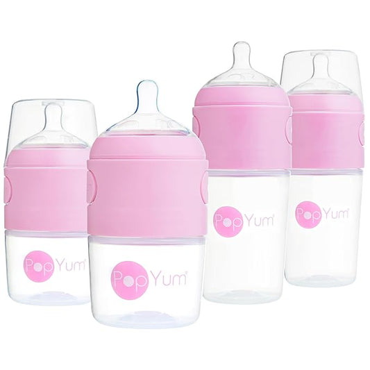 PopYum Pink Formula Making Baby Bottle Starter Set, 4-Pack, 2X 5oz Bottles with #1 Slow Flow Nipples + 2X 9oz Bottles with #2 Medium Flow Nipples, Mixing, Dispenser-BubblyBeeBaby