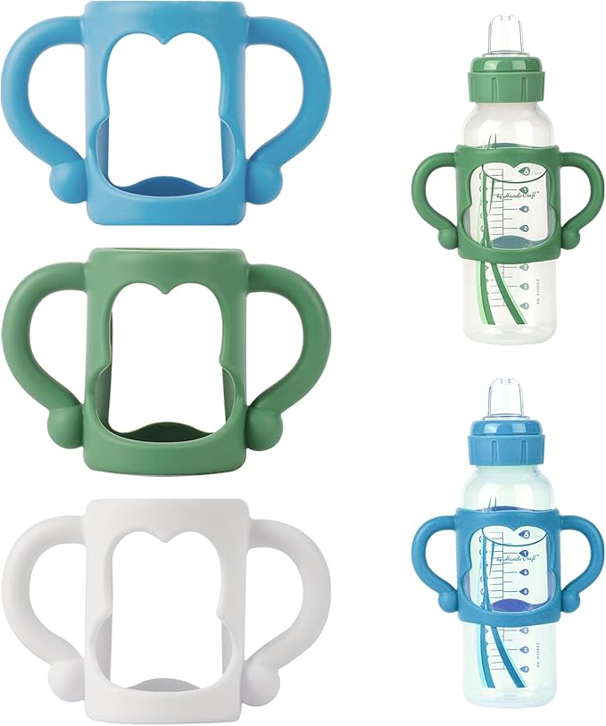 Bottle Handles for Dr. Brown's Narrow Baby, Wide-Neck, Removable Easy-Grip Transitional Sippy Cup Handles, 100% Silicone-BPA-Free Material, 4m+ (White, Green, Blue)-BubblyBeeBaby