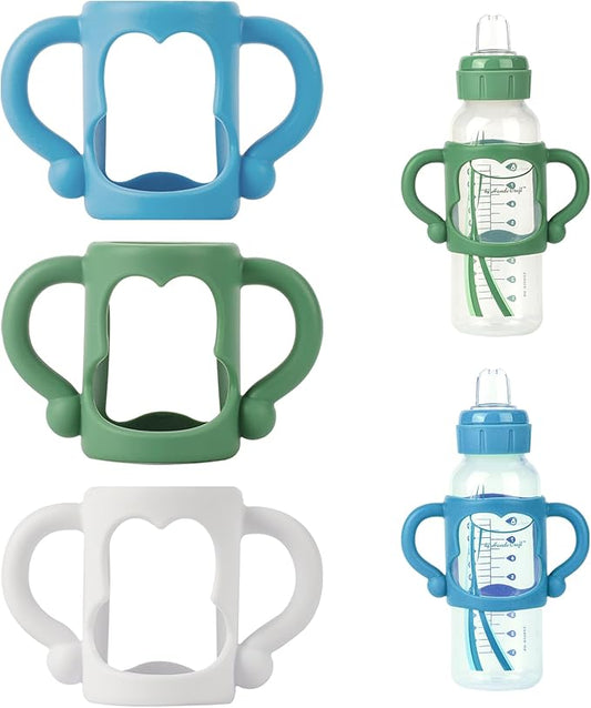 Bottle Handles for Dr. Brown's Narrow Baby, Wide-Neck, Removable Easy-Grip Transitional Sippy Cup Handles, 100% Silicone-BPA-Free Material, 4m+ (White, Green, Blue)-BubblyBeeBaby