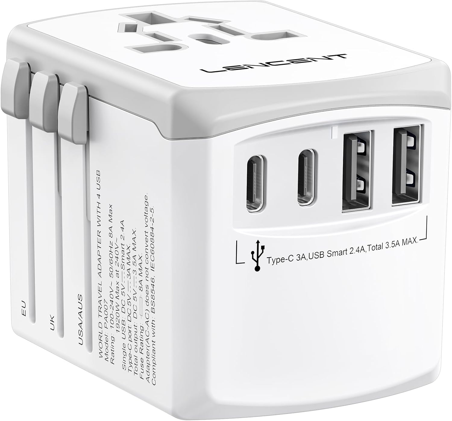 LENCENT Universal Travel Power Adapter, International AC Plug Adaptor with 2 USB C 2 USB A Ports Wall Charger Worldwide Travel Essentials for US to EU UK Ireland Australia (Type C/G/A/I), White