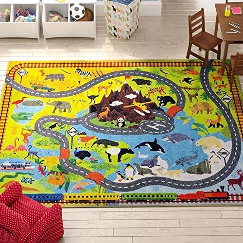 KC Cubs 3x5 Animal Safari Toy Car Road Rug – Educational Play Mat Carpet for Kids, Toddlers, Nursery, Classroom, Playroom, Baby Daycare, Boys & Girls-BubblyBeeBaby