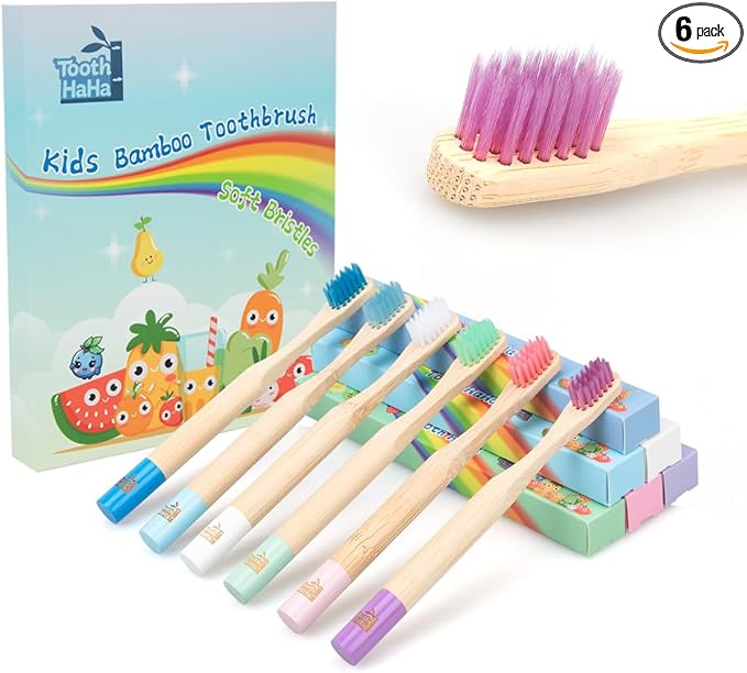 Kids Bamboo Toothbrushes, BPA-Free Soft Bristles, Eco-Friendly Natural Wooden Toddler Toothbrush, 6-Pack Travel Toothbrushes Set for Children-BubblyBeeBaby