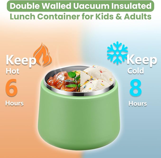14oz Insulated Vacuum Food Jar with Buckle Lid,Soup Thermo for Hot Food Kids,Wide Mouth Leakproof Stainless Steel Lunch Container with Spoon-Green-BubblyBeeBaby