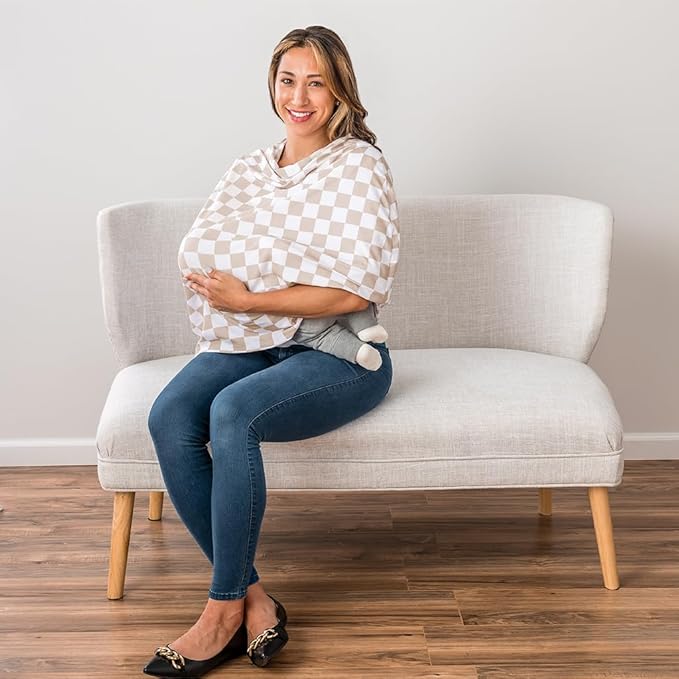 Itzy Ritzy 4-in-1 Nursing Cover, Car Seat Cover, Shopping Cart Cover & Infinity Scarf – Breathable, Multi-Use Nursing Cover Up for Breastfeeding, Carseat Canopy & Stroller Cover (Checkerboard)-BubblyBeeBaby