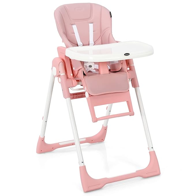 INFANS 4 in 1 High Chair–Booster Seat, Convertible Highchair w/Adjustable Height and Recline,Removable Tray,DetachableCushion, Installation-Free,Simple Fold for Baby, Infant& Toddler (Pink)-BubblyBeeBaby