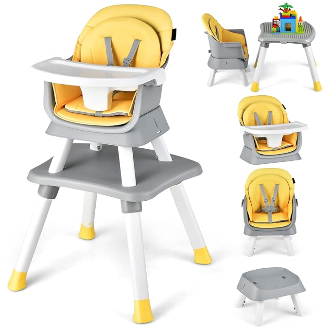 HONEY JOY 8 in 1 Baby High Chair, Convertible Highchair for Babies and Toddlers/Table and Chair Set/Building Block Table/Booster Seat/Stool/Toddler Chair with Safety Harness(Yellow)-BubblyBeeBaby