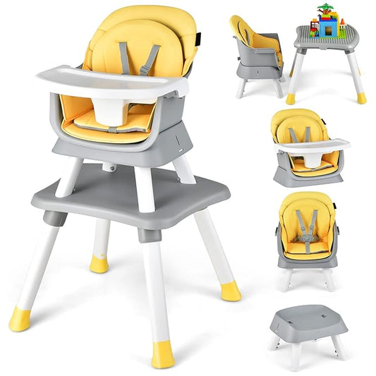 HONEY JOY 8 in 1 Baby High Chair, Convertible Highchair for Babies and Toddlers/Table and Chair Set/Building Block Table/Booster Seat/Stool/Toddler Chair with Safety Harness(Yellow)-BubblyBeeBaby