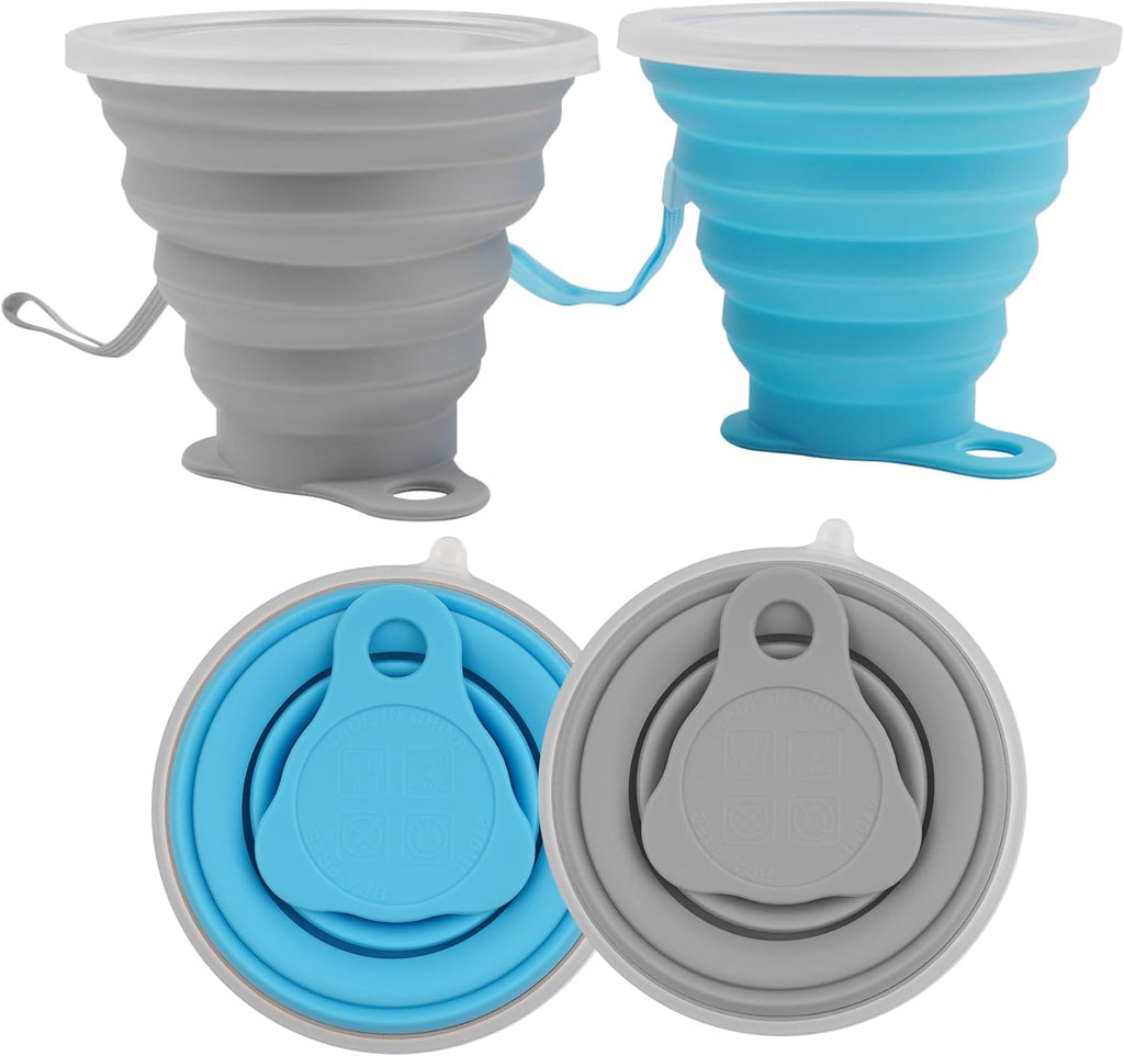 2 Pack Silicone Collapsible Travel Cup with Lids, Portable Folding Camping Cup Sets for Camping Hiking Outdoors Travel, Grey & Blue