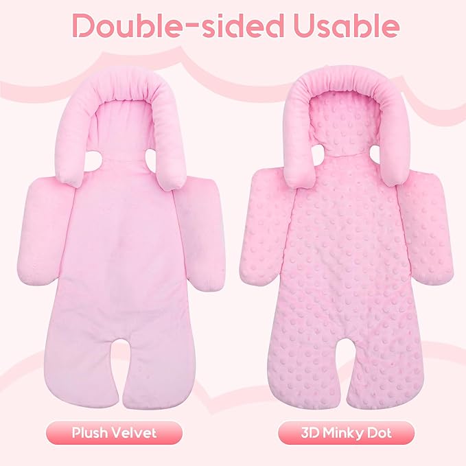 Infant Car Seat Insert with 3 Shoulder & Crocth Covers, Thickened Carseat Head and Body Support for Infant, Reversible Baby Car Seat Cushion for Boys Girls, Soft Mink Dot Newborn Insert for Preemie-BubblyBeeBaby