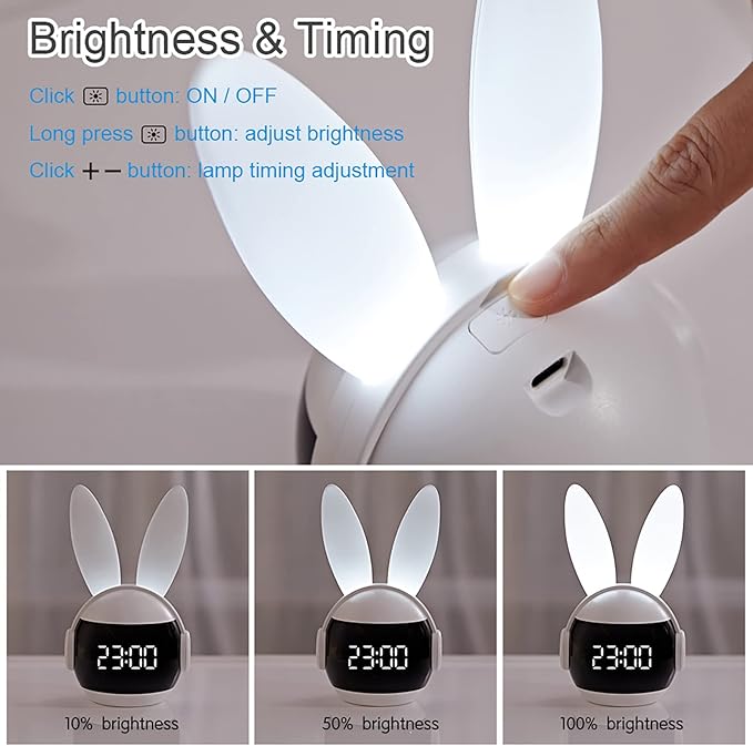 Kids Alarm Clock for Kids, Bunny Alarm Clocks for Girls Boys, White Kid Alarm Clock with Ringtones & Night Light Rechargeable Snoozing-BubblyBeeBaby
