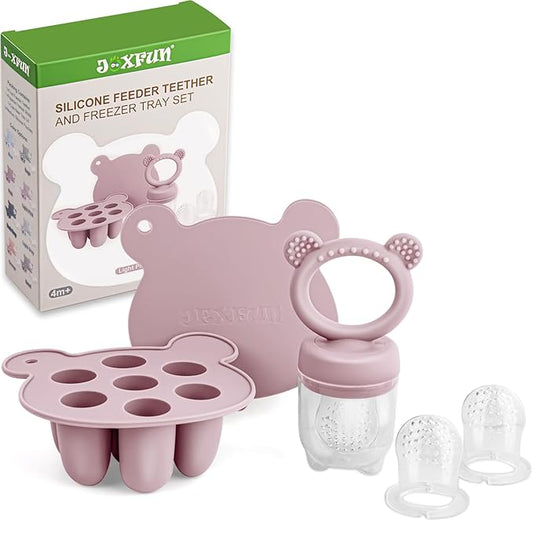 JEXFUN Silicone Breastmilk Popsicle Freezer Molds & Baby Fruit Food Feeder Pacifier, Baby Food Storage Containers Breast Milk Ice Cubes for Baby Teething & Infant Self Feeding, BPA Free - (Light Pink)-BubblyBeeBaby