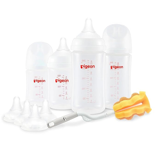 Pigeon Baby Bottle Newborn Feeding Gift Set, Anti-Colic, Wide Neck Bottle with Latch-On Line Nipple (4 PP Feeding Bottles with Nipples+ 4 Nipples + 1 Baby Bottle Brush)-BubblyBeeBaby