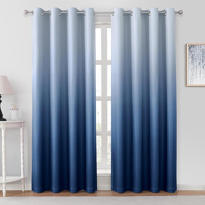 HOMEIDEAS Navy Blue Ombre Blackout Curtains 52 X 96 Inch Length Gradient Room Darkening Thermal Insulated Energy Saving Grommet 2 Panels Window Drapes for Living Room, Bedroom-BubblyBeeBaby