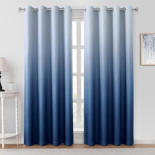 HOMEIDEAS Navy Blue Ombre Blackout Curtains 52 X 96 Inch Length Gradient Room Darkening Thermal Insulated Energy Saving Grommet 2 Panels Window Drapes for Living Room, Bedroom-BubblyBeeBaby