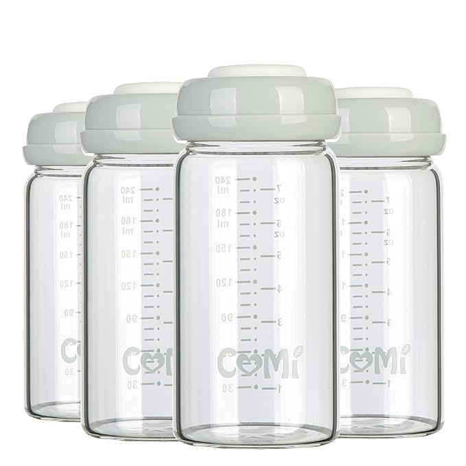 COMI Wide Neck Glass Breastmilk Collection n Storage Bottle, 8oz with Screw Ring Sealing Disk; Re-markable Sealing Disc. BPA Free, Fits Breast Pumps & Nipples (4 Gray Lids)-BubblyBeeBaby