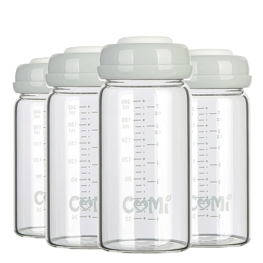 COMI Wide Neck Glass Breastmilk Collection n Storage Bottle, 8oz with Screw Ring Sealing Disk; Re-markable Sealing Disc. BPA Free, Fits Breast Pumps & Nipples (4 Gray Lids)-BubblyBeeBaby