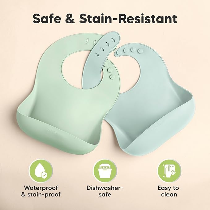 KeaBabies 2-Pack Silicone Baby Bibs for Eating - Sturdy Food-Grade Silicone Bibs for Babies Girl, Boy, Large Food Catcher, Clean & Put On Easily, Waterproof Toddler Feeding Essentials(Pastel Sky)-BubblyBeeBaby