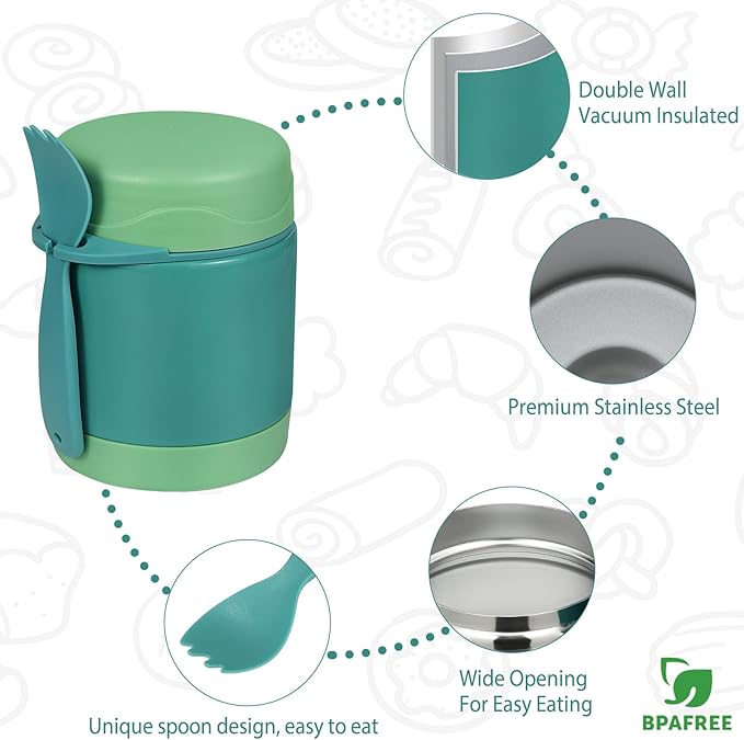 10oz Soup Thermo for Hot Food Kids,Lunch Thermo Kids Food Jar with Spoon Hot Insulated Food Containers,Leak Proof Stainless Steel Wide Mouth Lunch Food Thermo Jar for School(Green)-BubblyBeeBaby