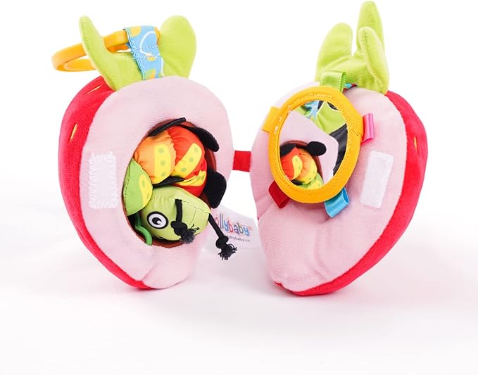 Jollybaby Newborn Plush Stuffed Fruit Rattle Toy for Stroller Car Seat Crib, Montessori Sensory Plush Strawberry Toy with Rattle and Mirro Toy for Baby 0-6-12 Month, Infant Baby Boy Girl Shower Gift-BubblyBeeBaby