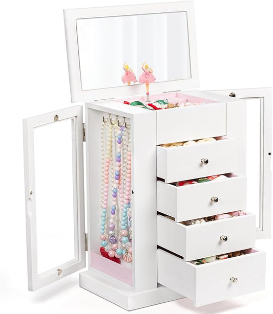 Jewelry Box for Girls, Musical Jewelry Box with Spinning Dancer Gifts for Little Girls Christmas New Year Birthday Children's Day, 5 Layer Large Wooden Kids Music Jewelry Organizer Box(White)-BubblyBeeBaby