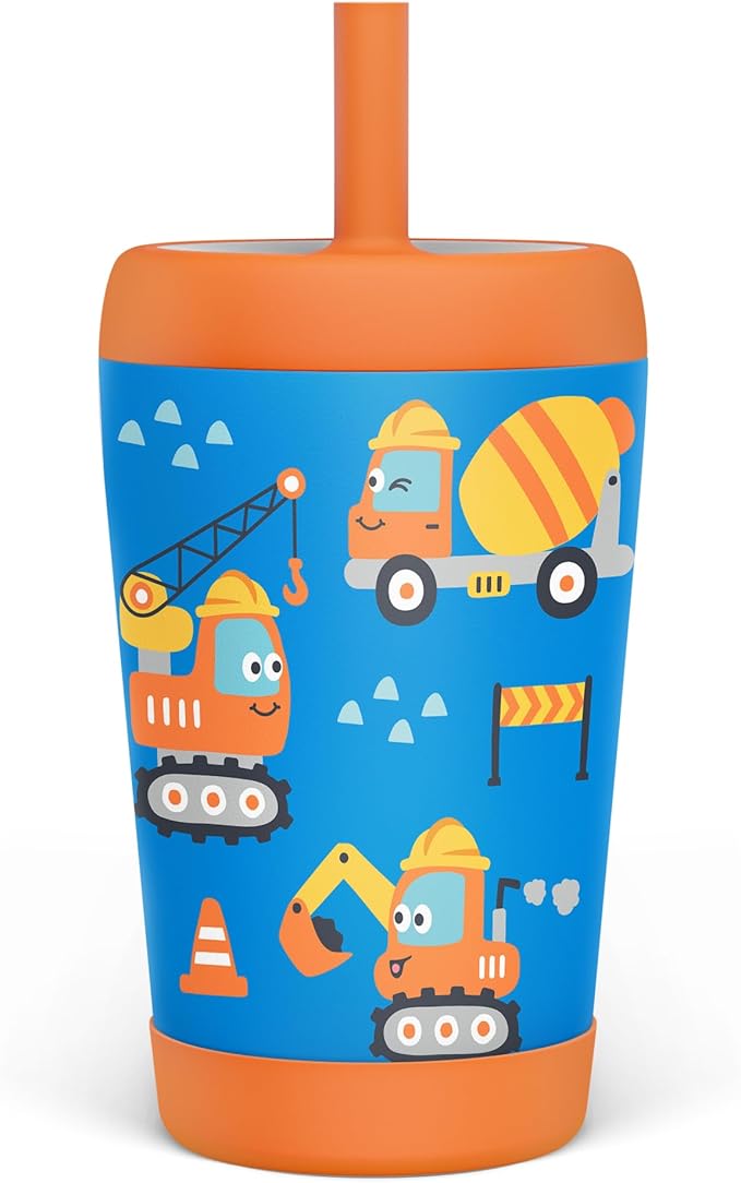 Kid Insulated Stainless Steel Tumbler with Silicone Straw, 12oz Sippy Cup for Kids (Construction Trucks)-BubblyBeeBaby