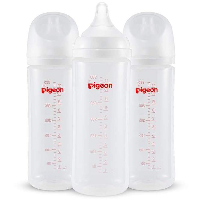 Pigeon PP Nursing Bottle Wide Neck, Anti-Colic, Streamlined Body, Natural Feel, Easy to Clean, 11.2 Oz (Pack of 3), Includes 3pcs L Nipples (6m+)-BubblyBeeBaby