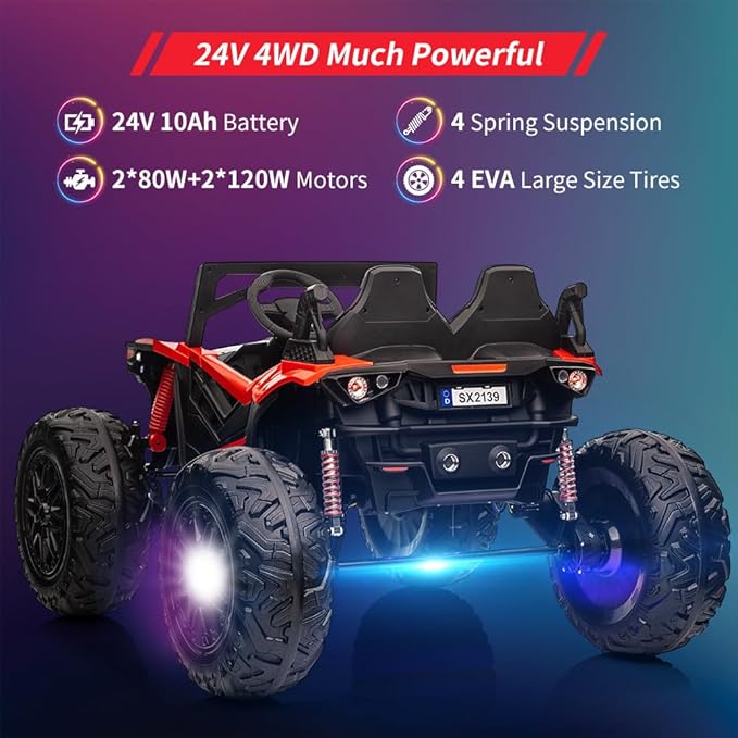 2 Seaters 24V Ride on UTV with Remote Control,10AH Battery, 400W Powerful Motors with 17" EVA Wheels, 20.5“ Seat Width Electric Ride Toy with Metal Suspension,LED Lights,Music,Horn (Red)-BubblyBeeBaby
