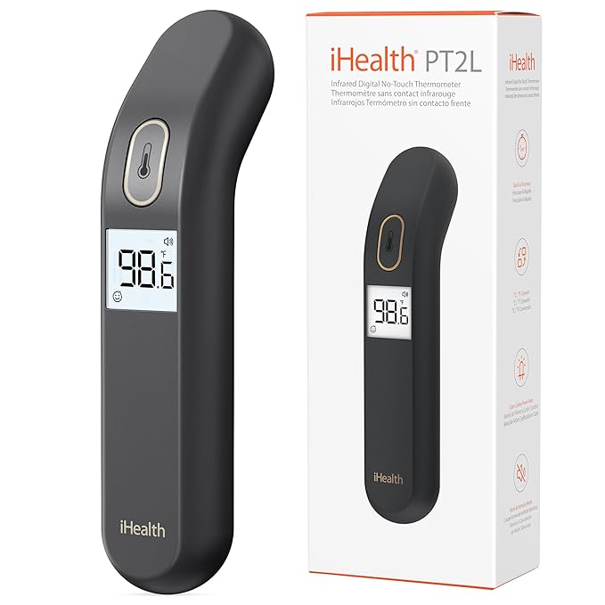 iHealth Touchless Thermometer for Adults and Kids, FSA/HSA Eligible, Color-Coded Alert & Silent Mode, 1-Second Accurate Fever Check, Portable for Home, Travel Use - PT2L Black-BubblyBeeBaby