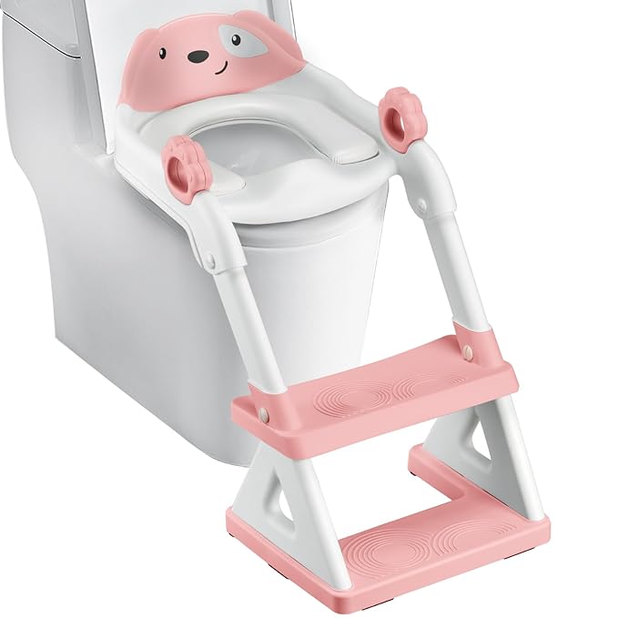 2 In 1 Potty Training Toilet Seat & Toddler Step Stool, Bottom Triangle Stability Toddler Toilet Seat, Adjustable Step & Seat Height Potty Seats (Pink)-BubblyBeeBaby