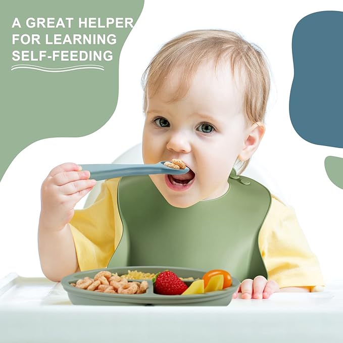 10 Pack Silicone Baby Feeding Set, Toddlers Led Weaning Feeding Supplies with Suction Baby Bowl Divided Plate Adjustable Bib Soft Silicone Spoon Fork, Infant Self Eating Utensil Set (Blue, Green)-BubblyBeeBaby