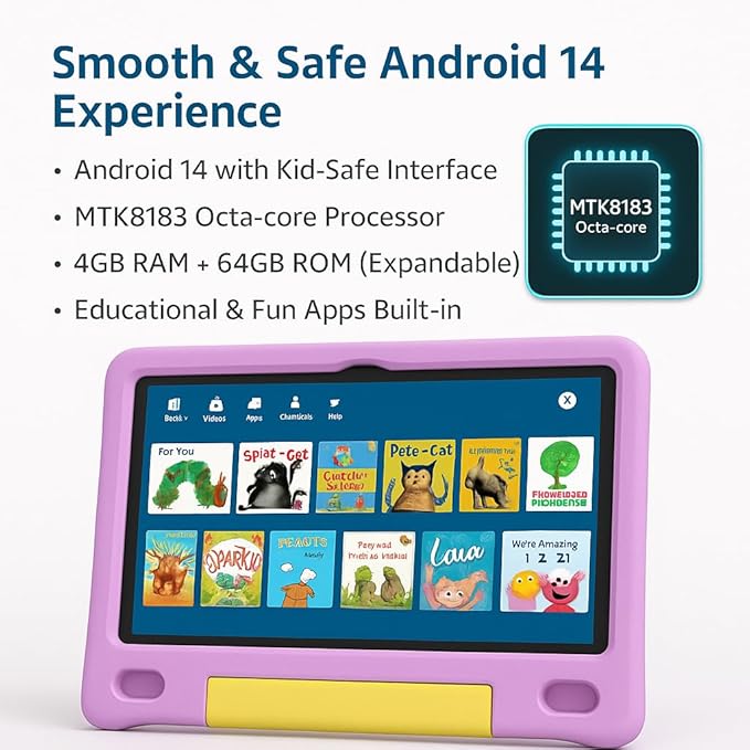 10.1 Inch Kids Tablet with Shockproof Case | Android 14, 64GB+8GB RAM, 12H Battery | Parental Control, Google Kids Space & Preloaded Educational Apps | WiFi 6, HD Display, Ages 3-12-BubblyBeeBaby