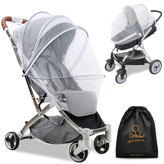 Orzbow Universal Mosquito Net for Stroller, Baby Bug Net with Two-Way Zippers & Storage Bag, Breathable & Foldable Mosquito Nets for Strollers, Car Seat, Bassinet, Cradle, Portable Mini Crib, Grey-BubblyBeeBaby