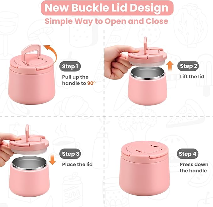 14oz Insulated Vacuum Food Jar with Buckle Lid,Soup Thermo for Hot Food Kids,Wide Mouth Leakproof Stainless Steel Lunch Container with Spoon-Pink-BubblyBeeBaby