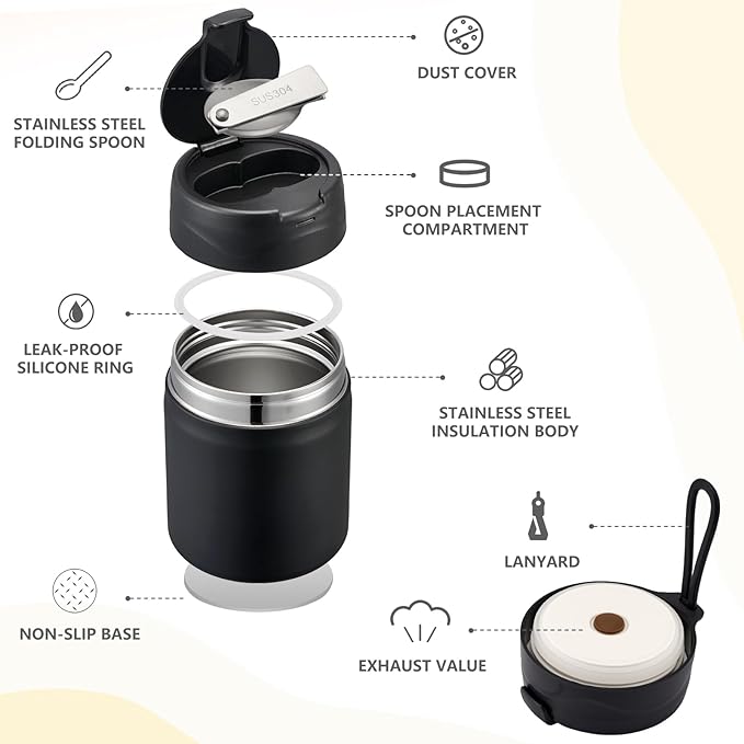 17oz Soup Thermo for Hot Food Kids Insulated Vacuum Food Jar with Stainless Steel Spoon Wide Mouth Thermo Leakproof Lunch Food Container Kids Hot Lunch Box (Black)-BubblyBeeBaby