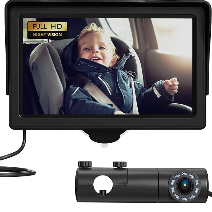 GROWNSY Baby Car Camera, HD Display Baby Car Mirror with Night Vision Feature, 4.3 inch Baby Car Camera with Monitor Wide Clear View, Backseat Camera Rear Facing to Observe Baby’s Every Move-BubblyBeeBaby