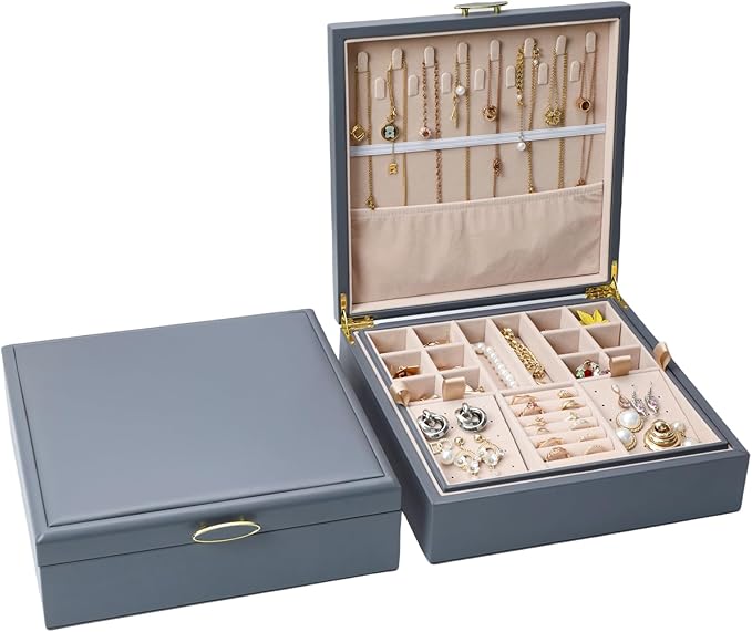 2-layer jewelry box，Jewelry Organizer with Handle，with hanging necklace hooks, detachable jewelry trays, suitable for storing a large amount of jewelry gift box (Large-Grey)-BubblyBeeBaby