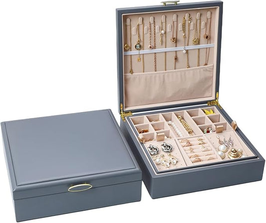 2-layer jewelry box，Jewelry Organizer with Handle，with hanging necklace hooks, detachable jewelry trays, suitable for storing a large amount of jewelry gift box (Large-Grey)-BubblyBeeBaby