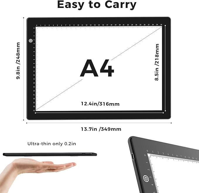 HIUKCOLED A4 Light Tracing Box with 4 Pcs Clips, Stepless Adjustable Brightness Ultra-Thin Light Pad, USB Powered LED Light Board for Drawing,Diamond Painting,Sketching,Animation,X-Ray,Sand Painting-BubblyBeeBaby
