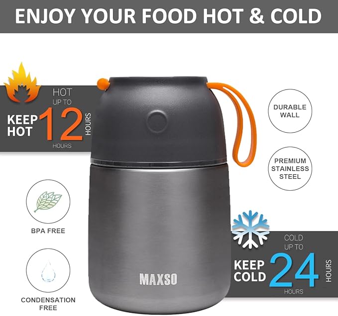 Insulated Thermo Food Jar for Hot & Cold Food for Kids Adult, 17 oz Soup Thermal Hot Food Containers for Lunch, Triple Layer Insulation Stainless Steel Food Jar with Spoon (Grey)-BubblyBeeBaby