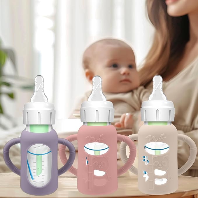 BUSOHA 3 Pack Silicone Sleeves for Dr. Brown's Glass Baby Bottles - Drop Protection Baby Bottle Sleeves,Compatible with Dr. Brown's Newborn Glass Bottles,with Silicone Handles,4 oz-BubblyBeeBaby