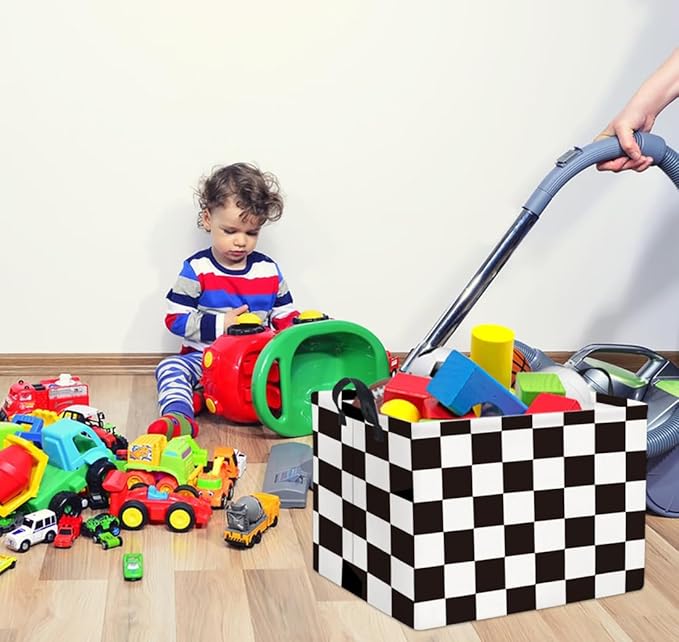 HIYAGON Rectangular Car Basket for Boys Checkered Basket Kids Baby Storage Bin Toy Organizer Box Car Room Decor(Racing Flag)-BubblyBeeBaby