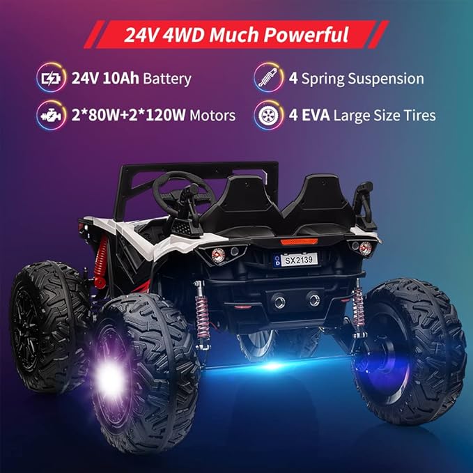 2 Seaters 24V Ride on UTV with Remote Control,10AH Battery, 400W Powerful Motors with 17" EVA Wheels, 20.5“ Seat Width Electric Ride Toy with Metal Suspension,LED Lights,Music,Horn (White)-BubblyBeeBaby