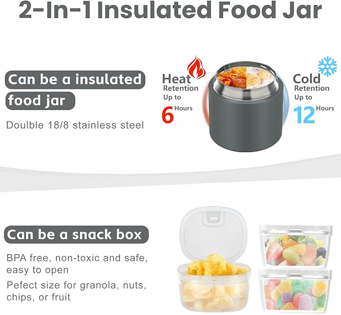 2-in-1 Insulated Food Jar & Snack Container - 15oz Kids Soup Thermos for Hot Food with Handle and Spoon, Leak Proof Reusable Toddler Snack Box, Perfect for School & Travel, Grey-BubblyBeeBaby