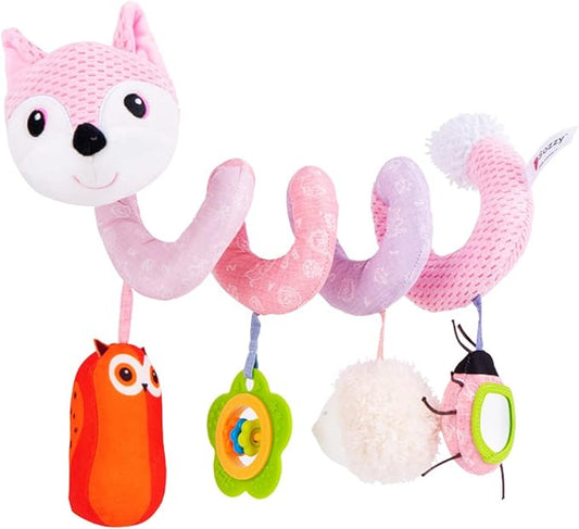 Jollybaby Baby Car Seat Stroller Toys, Plush Activity Hanging Spiral Activity Pram Crib with Music Box, Rattles, Squeaker for Babies Infant Boys Girls(Pink Fox)-BubblyBeeBaby