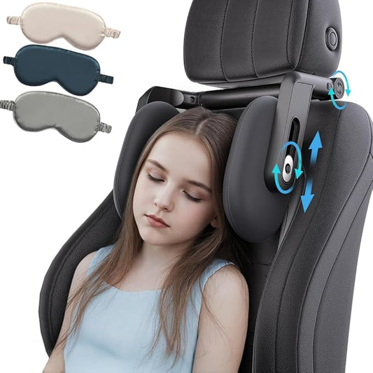 Car Headrest Pillow with Hook, Adjustable Car Seat Neck Support with Memory Foam & Ice Silk, 360° Rotating Travel Sleeping Headrest for Kids & Adults (1 Eye Mask Included)-BubblyBeeBaby