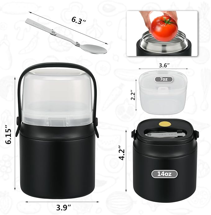 2 - in - 1 Soup Thermo for Hot Food 14oz with Snack Box Container Leak Proof Insulated Lunch Container Kids and Adults Stainless Steel Double Wall Vacuum Wide-mouth Thermal with Spoon and Handle-BubblyBeeBaby