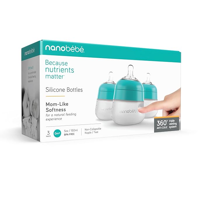 Nanobebe Flexy Silicone Baby Bottle, Anti-Colic, Natural Feel, Non-Collapsing Nipple, Non-Tip Stable Base, Easy to Clean 3-Pack, Teal, 5 oz-BubblyBeeBaby