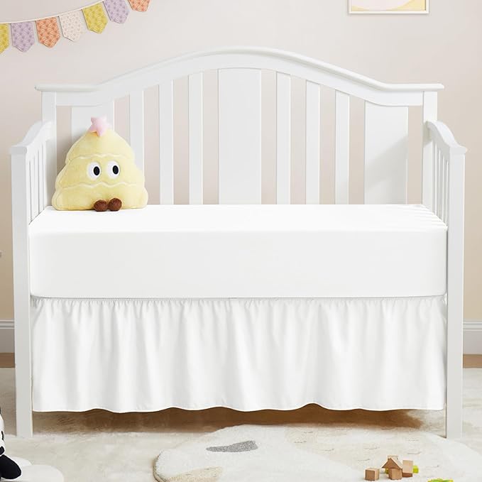 Horbaunal 2 Pack Crib Skirt & Crib Bed Sheet Set, White Crib Bed Skirt 28" x 52" with 14" Drop Dust Ruffle, Soft Microfiber Toddler Bedskirt Nursery Bedding Skirt for Baby Girls and Boys-BubblyBeeBaby